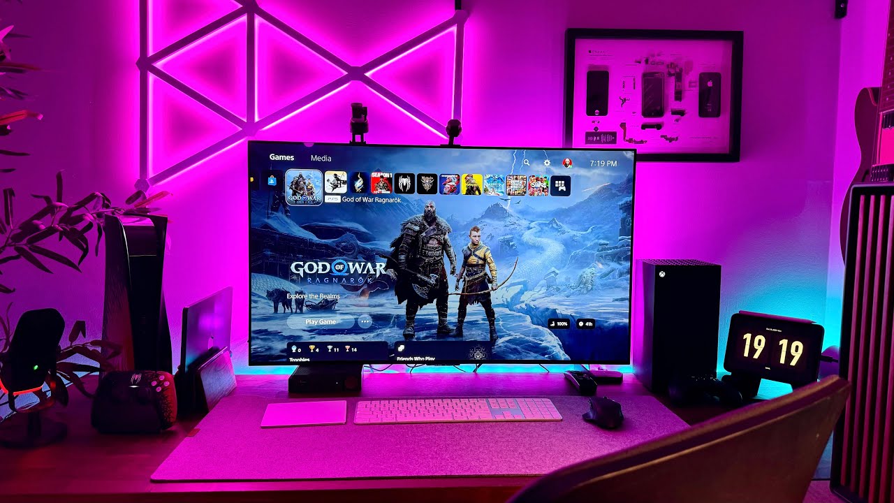 Esports review workstation with mechanical blueprints and gaming statistics displayed on screens